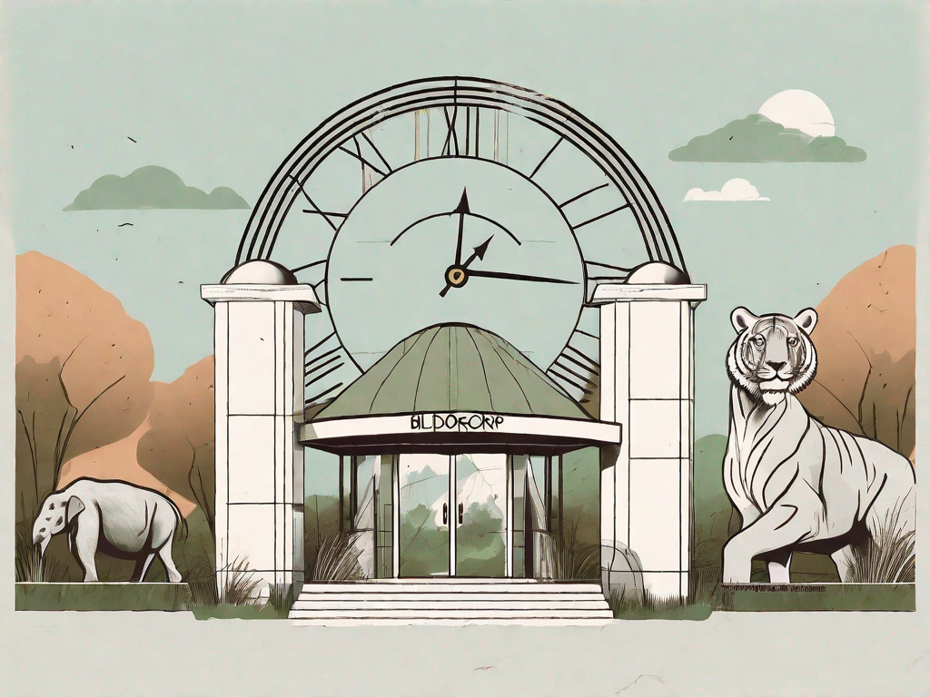 The blijdorp zoo entrance with various animal exhibits and a large clock indicating opening hours
